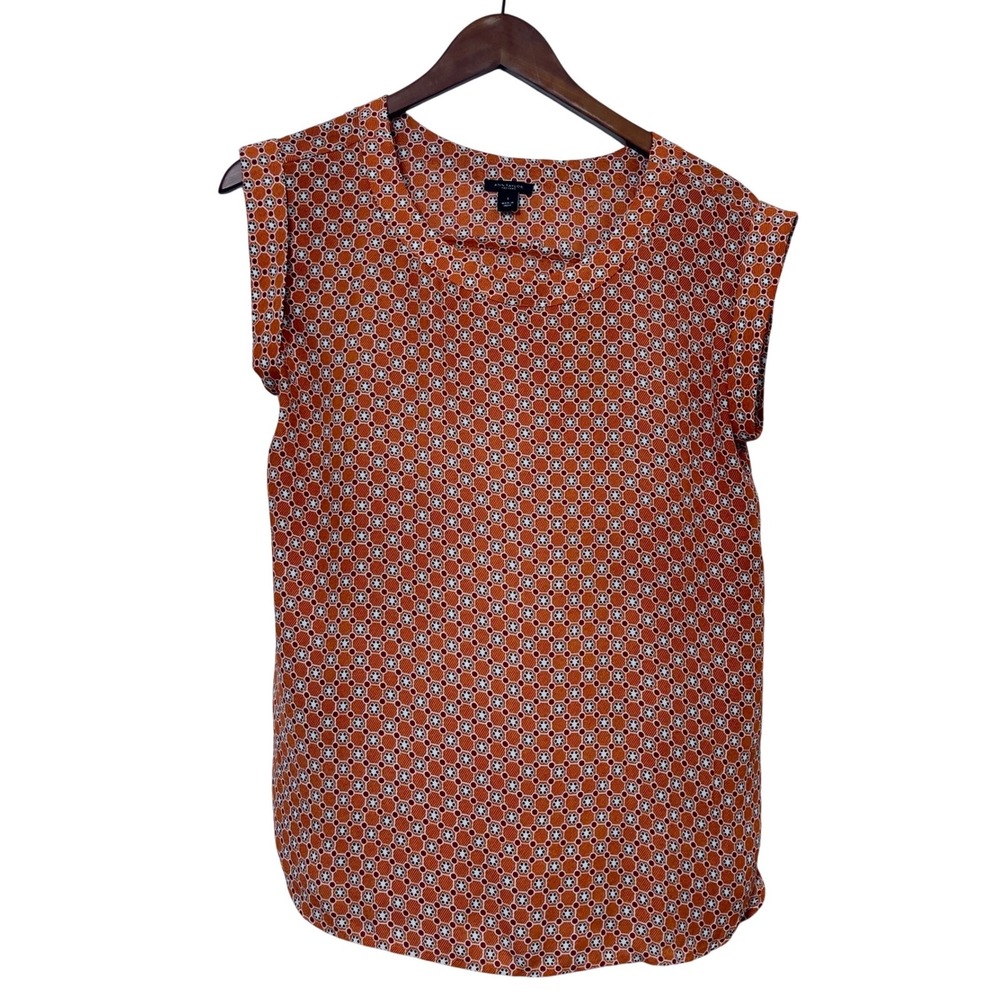 Ann Taylor Factory Geometric Print Blouse Orange Small Capped Sleeve Shell